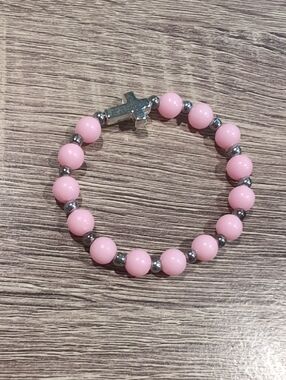 Pink Beaded Bracelet with Silver Cross Accent